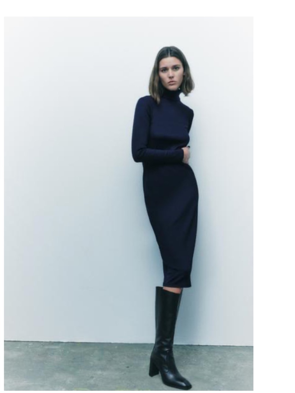 Zara Navy Long-Sleeve Turtleneck Midi Dress